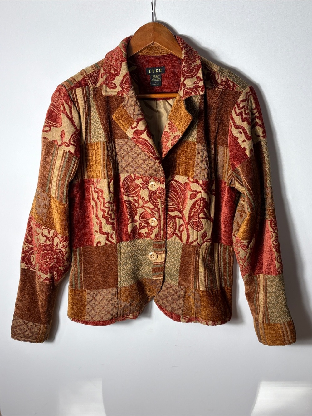 ELCC Patchwork Tapestry Jacket Women’s Large Boho Floral Button Front